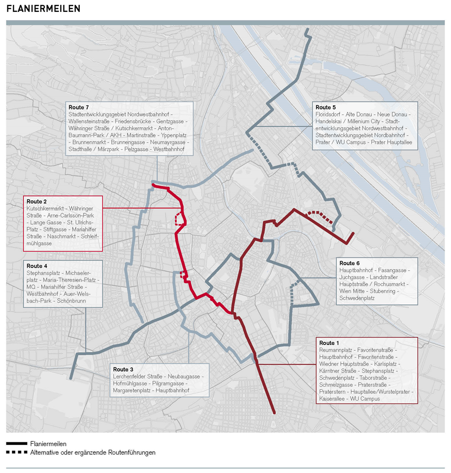 Eine Wienkarte zeigt sieben verschiedene Flaniermeilen in allen Teilen der Stadt an.