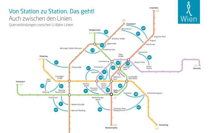 Netzplan der Wiener U-Bahn in den die Gehminuten zwischen U-Bahnstationene, die nicht auf der selben Linie liegen, eingezeichnet sind. Grafik: Johannes Essl