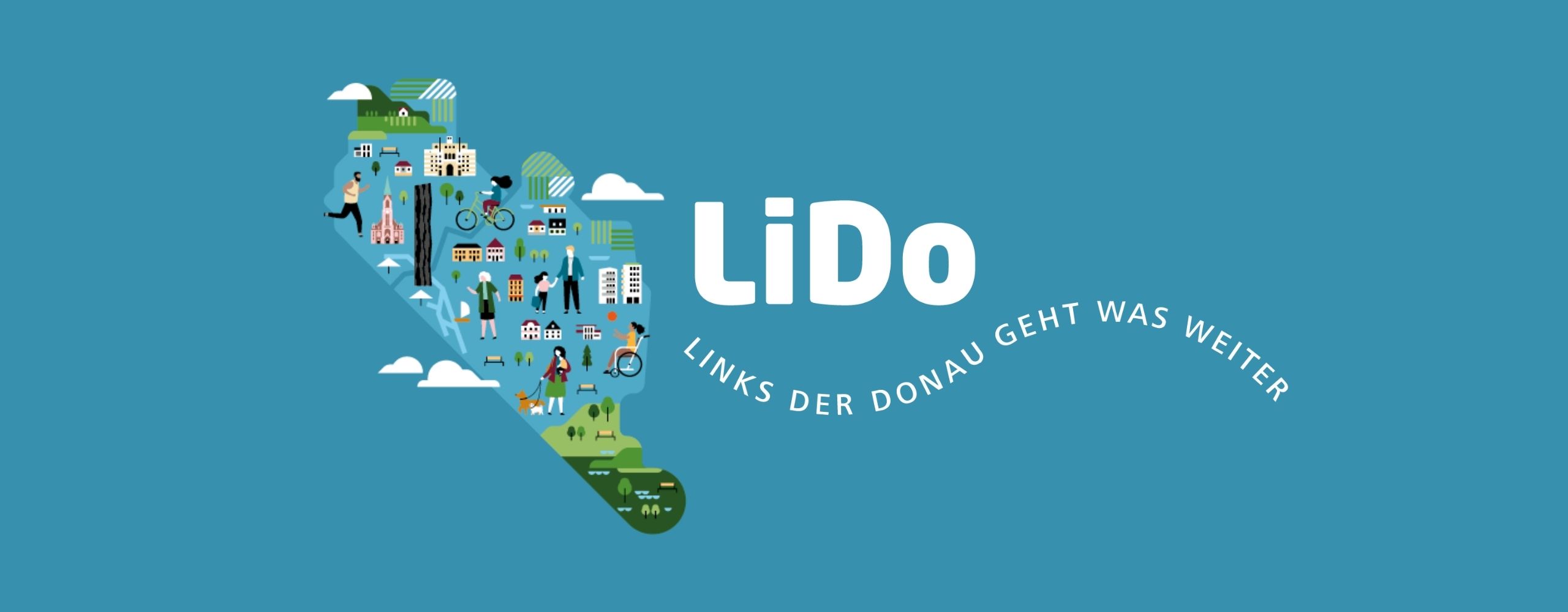 Schriftzug "LiDo - Links der Donau geht was weiter" mit Illustration