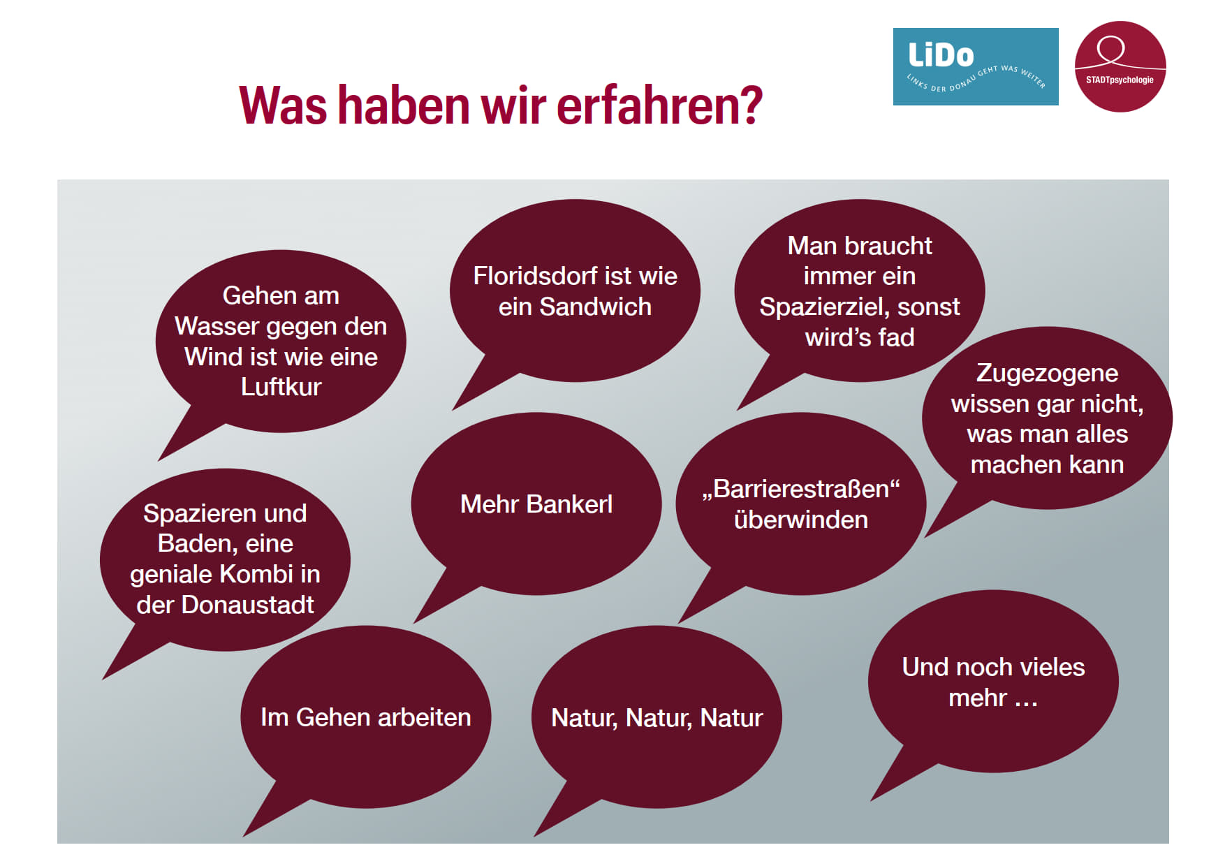 Ausschnitt aus der Powerpoint-Präsentation der STADTpsychologie. Hier werden Motive zum Zu-Fuß-Gehen wie Bademöglichkeit, Grün, Erholung genannt