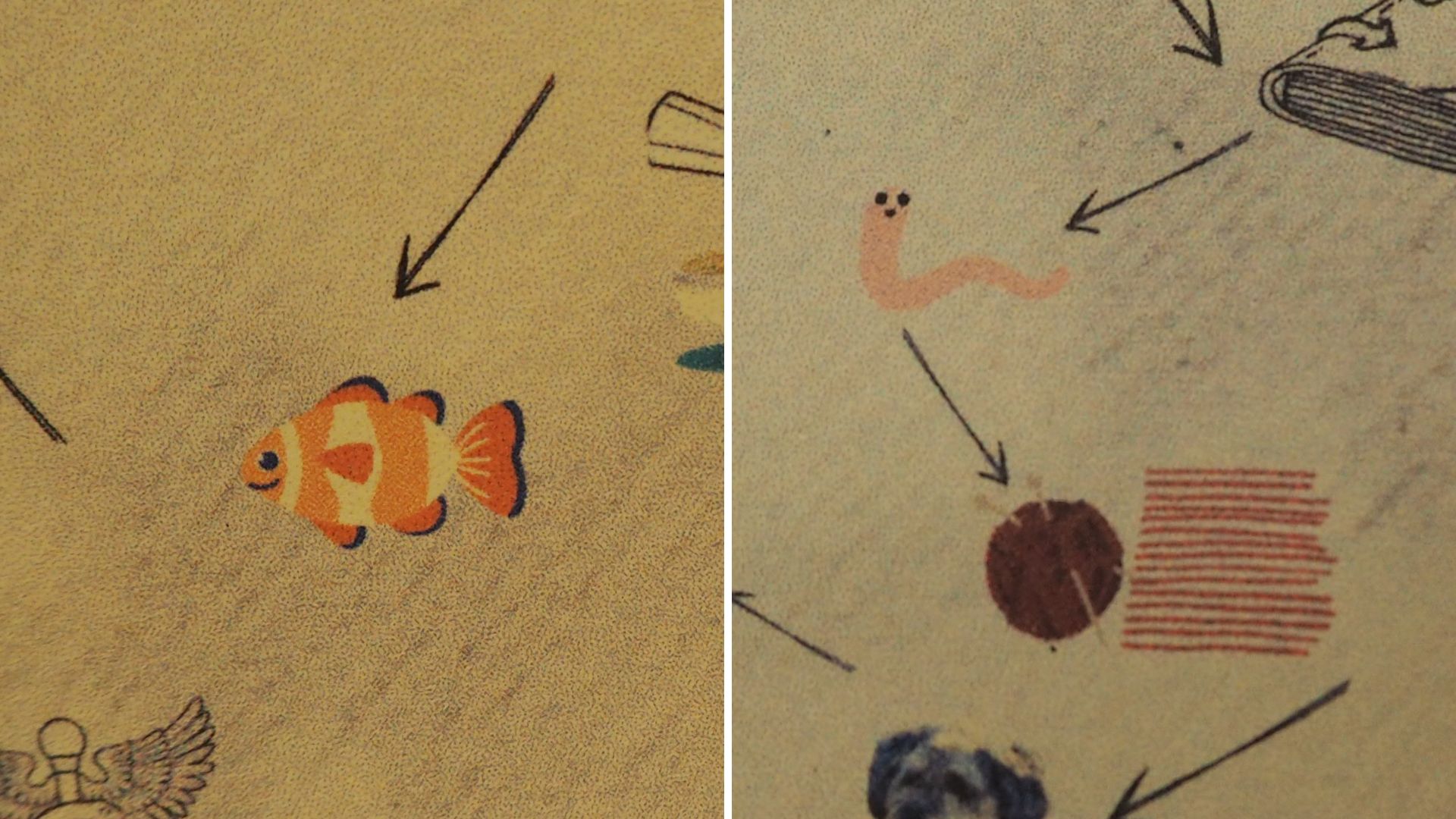 Zwei Details von der Stadtkarte: Zu sehen sind ein Clownfisch auf dem einem Bild, am zweiten Bild ein Wurm, ein Wollknäuel und Linien