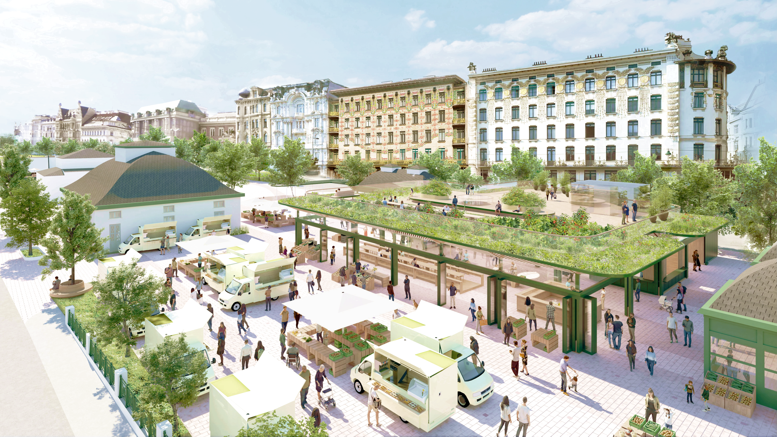 Visualisierung zeigt Marktstände und neuen Markt-Raum mit begrünter Dachterrasse