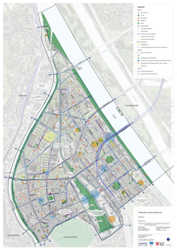 Karte zeigt den Bezirk Brigittenau mit den geplanten Maßnahmen für den Masterplan Gehen